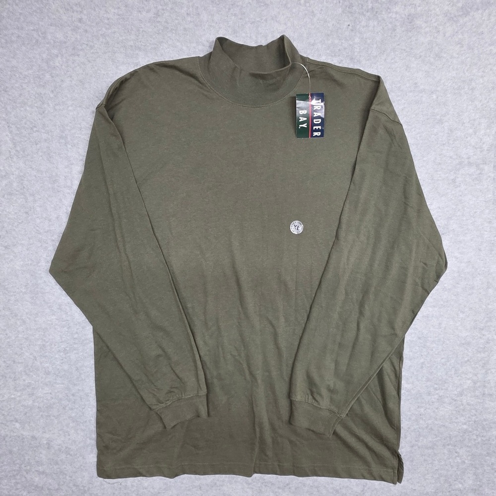 NWT Vintage 90s Trader Bay Men's XL Olive Green 100% Cotton Mock Neck Pullover